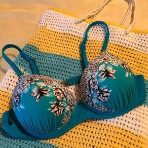 Turquoise Padded Bikini Top White Flowers US 12/13